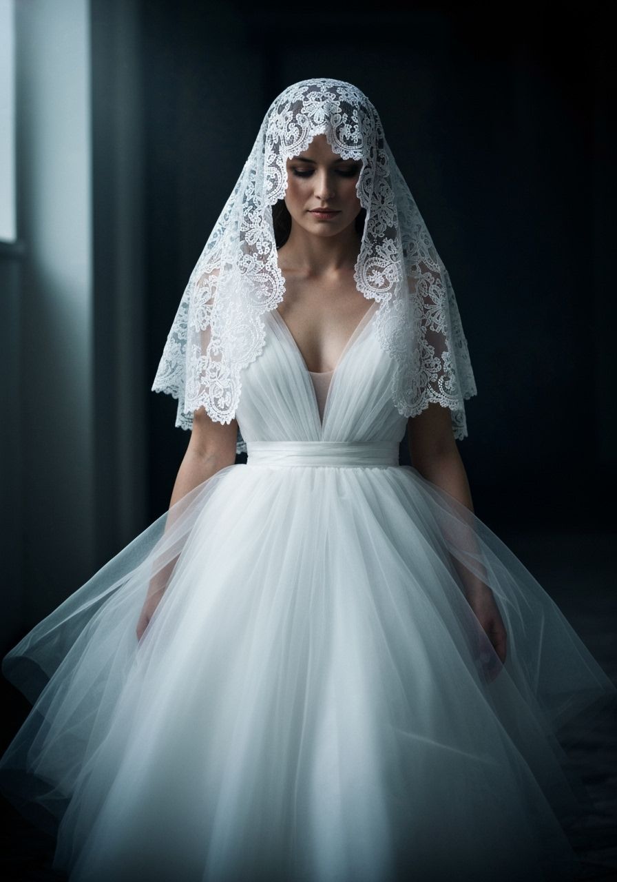 Serene Bride in Flowy White Tulle Dress