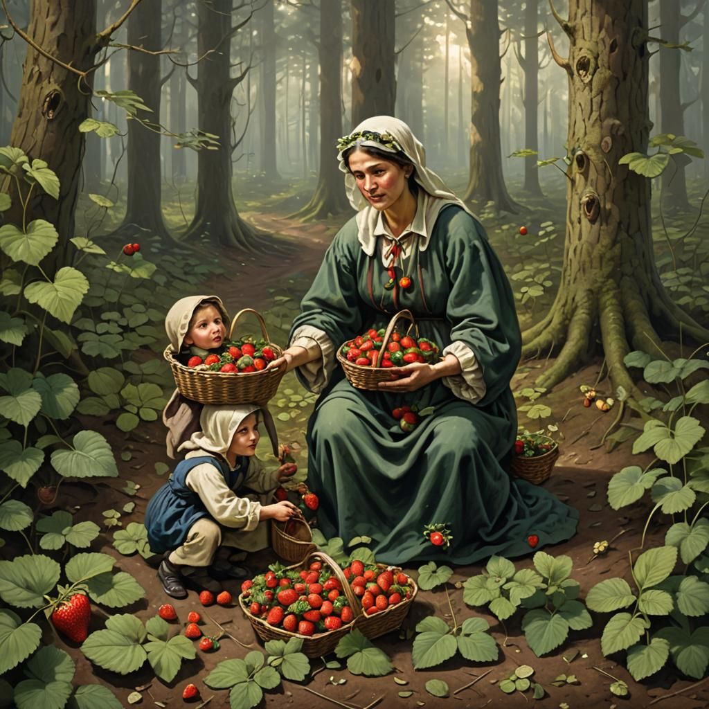 Squirrel Family Scene with Strawberries