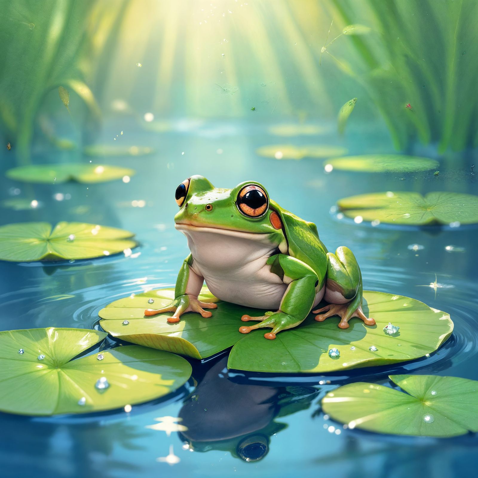 Whimsical Frog Leaping on Lily Pads in Golden Hour