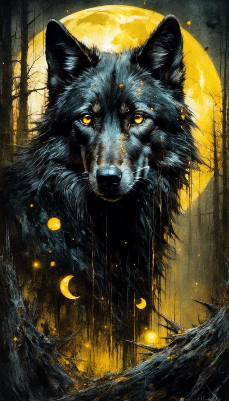 Painting of a black wolf. glowing eyes, nightly fantasy art,...