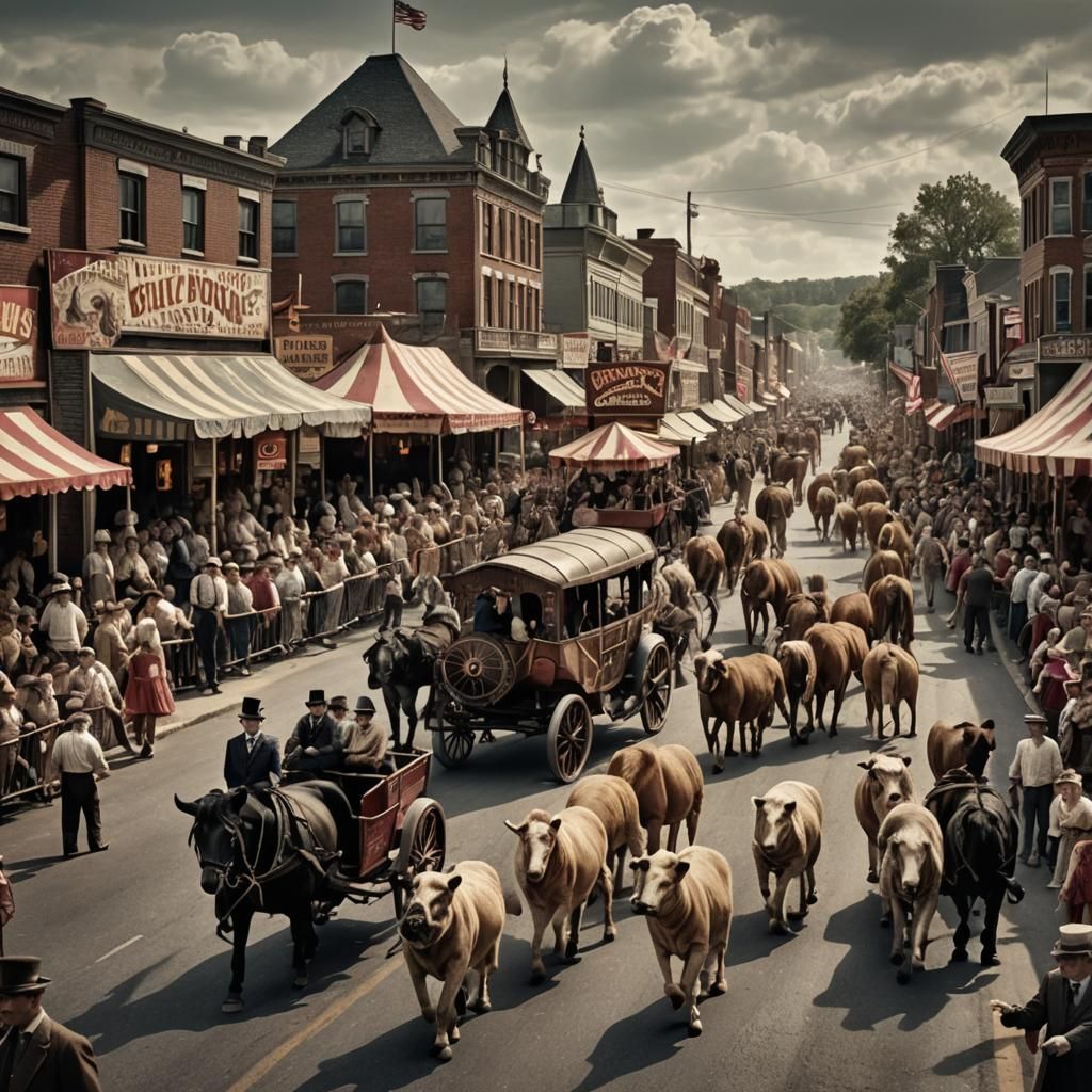 Vintage Circus Parade Through Small Town