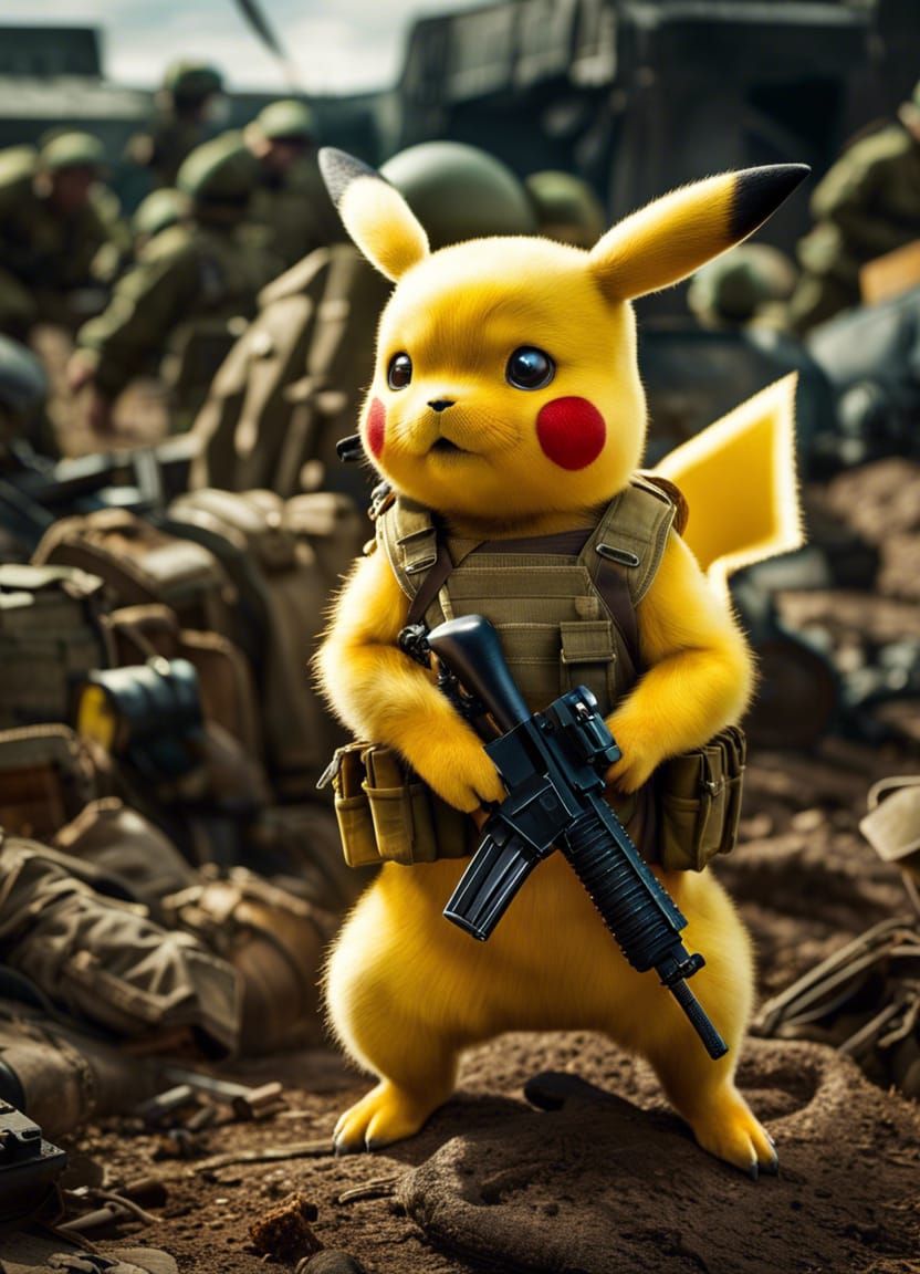 Pikachu in Military Gear Fighting Demons