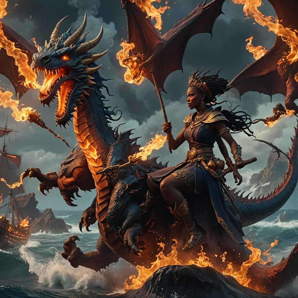 African Witch Riding a Fire Dragon, Fantasy Art