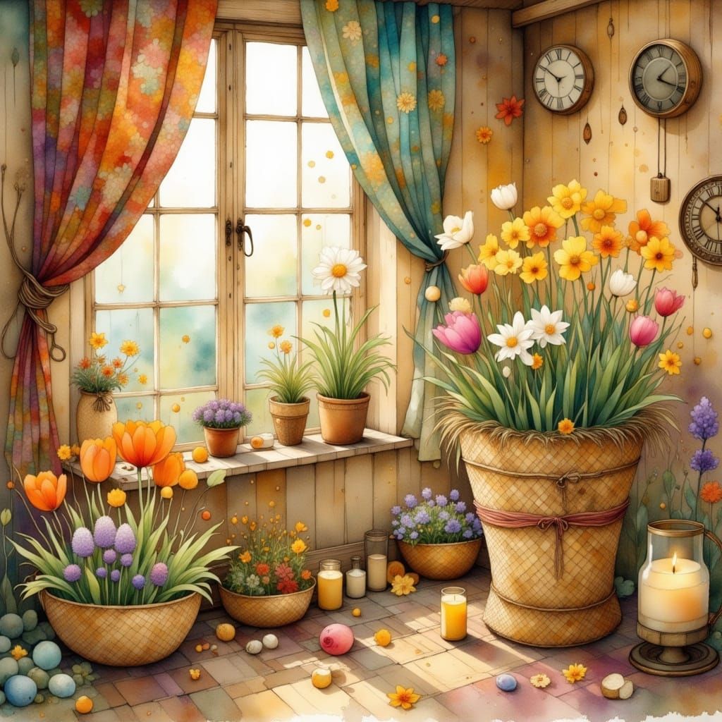 Whimsical Spring Straw Baskets in Earthy Painterly Style