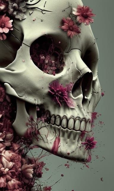 Floral Skull Close-Up in Eerie Painting Style