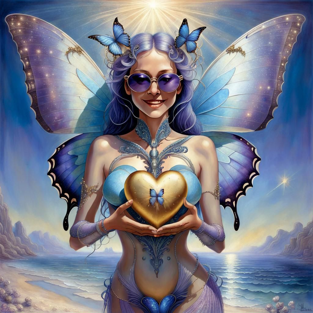 Winged Aquarius Woman with Heart, Psychedelic Art