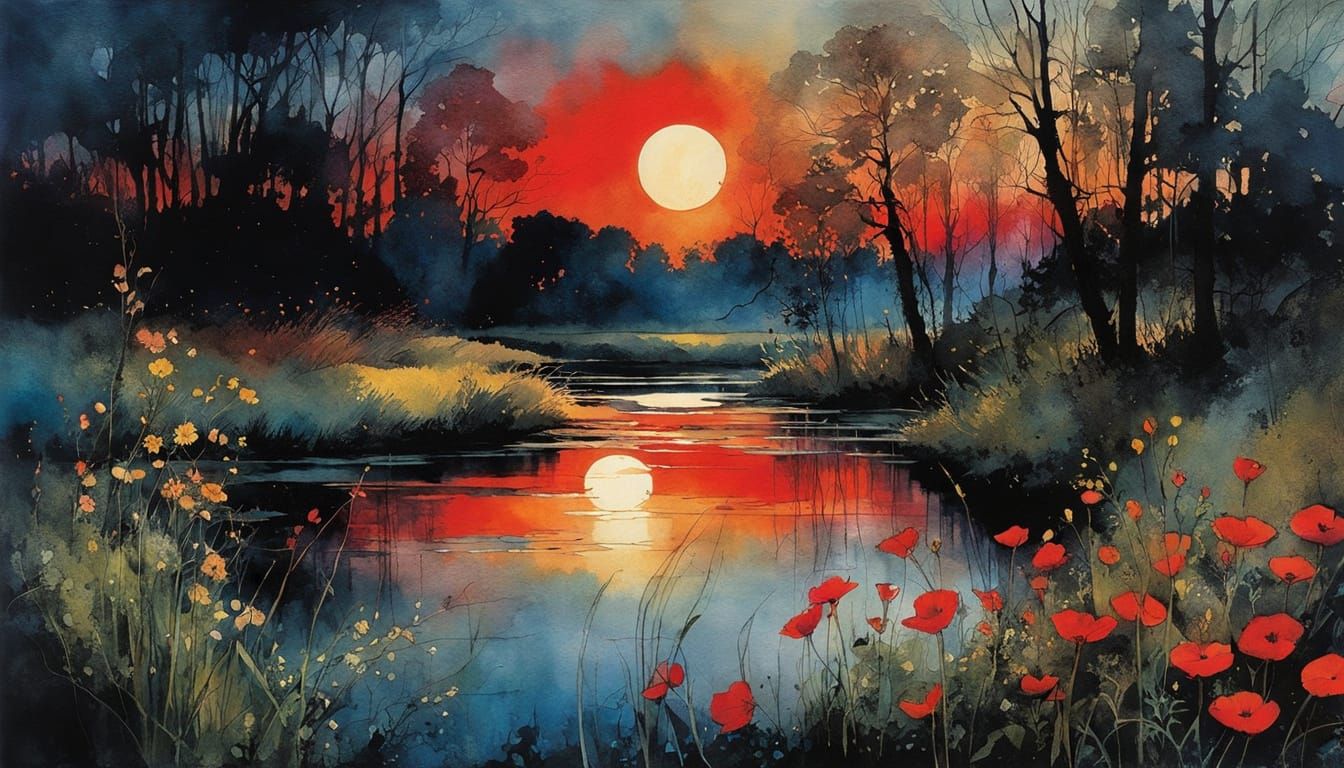 Dramatic Eclipse Over Swamp River, Color Print Art