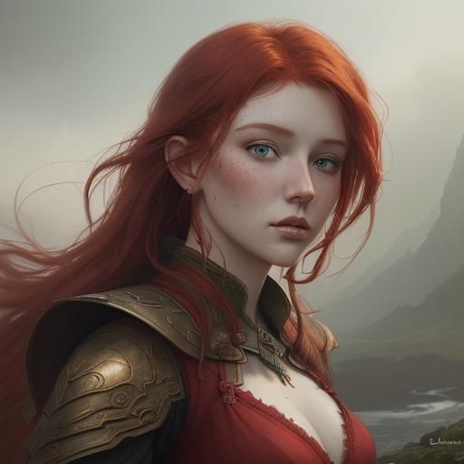 Red-Headed Woman in Red Dress: Fantasy Concept Art