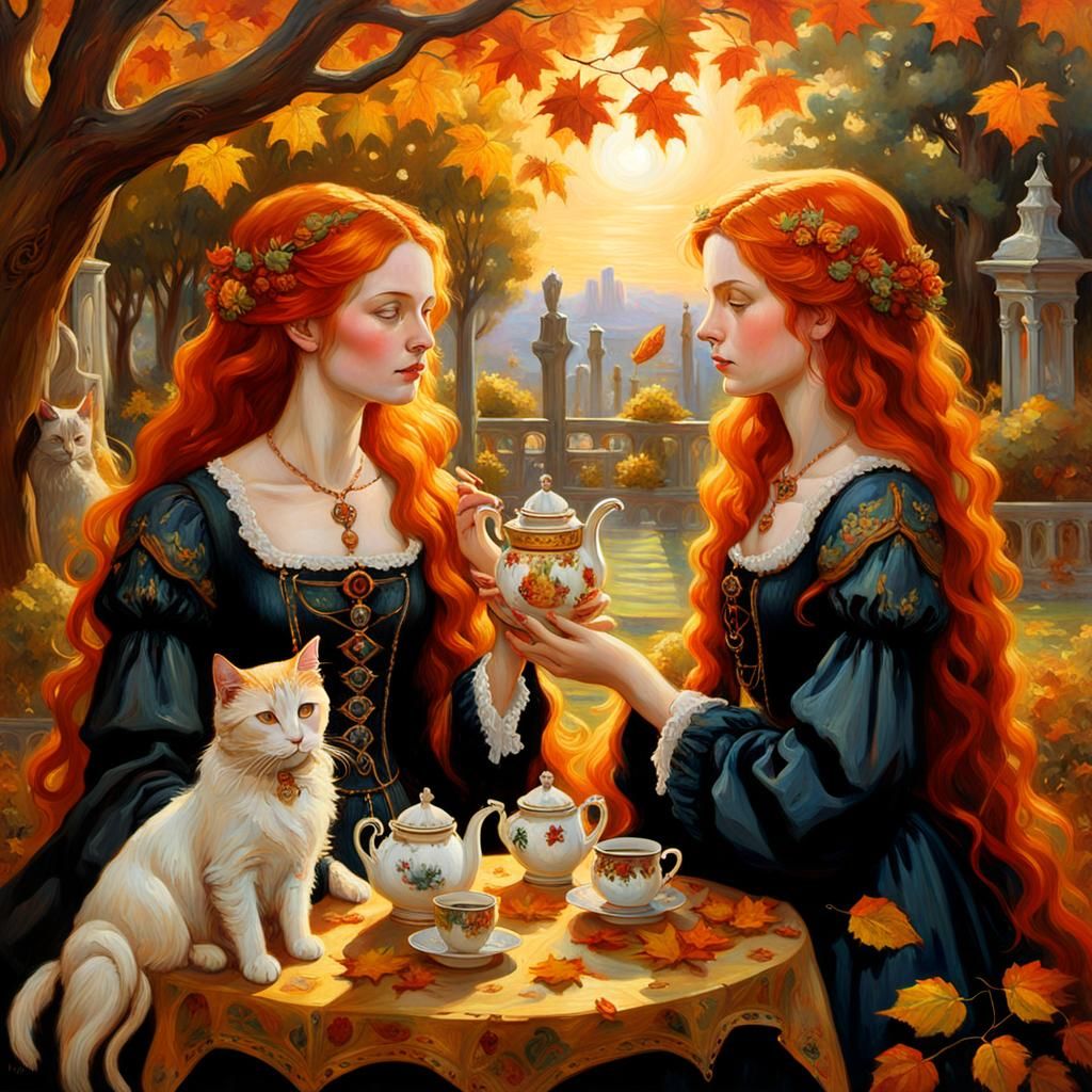 Gothic Goddesses' Autumn Tea Party as Oil Painting