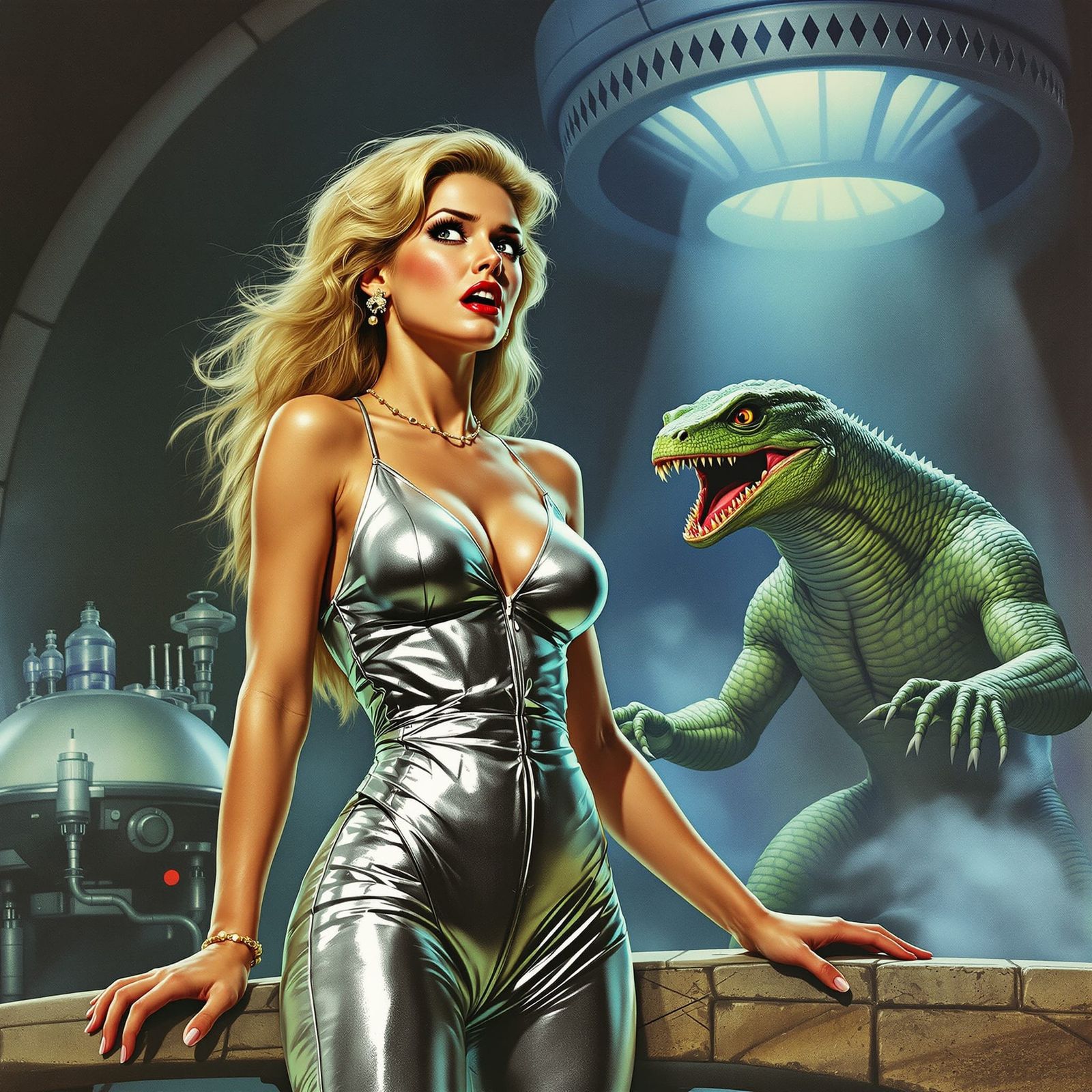 Woman Menaced by Lizard Man in Sci-Fi Lab