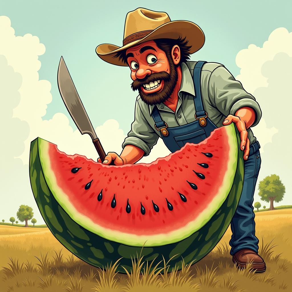 Farmer Eats Watermelon in Far Side Style