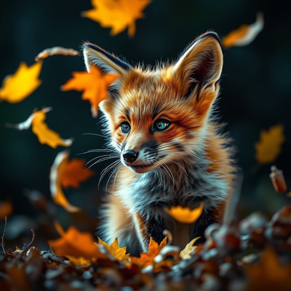 Fox Kit Plays With Autumn Leaves Hyperrealism