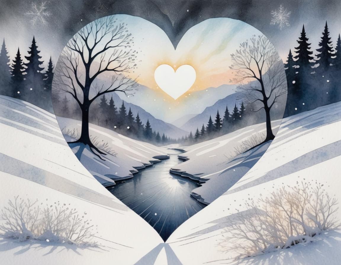 Heart in Snowy Landscape: Watercolor Abstract