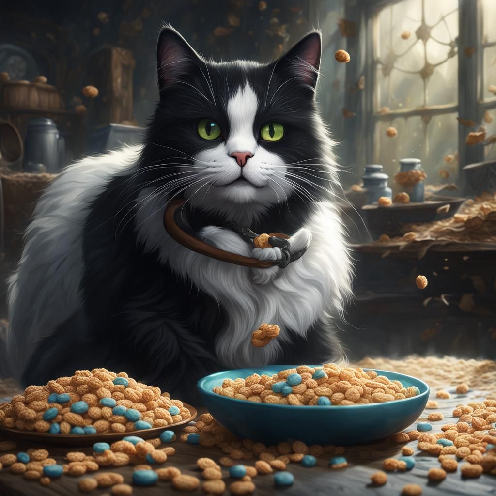 Black and White Cat Eating Cereal Advert