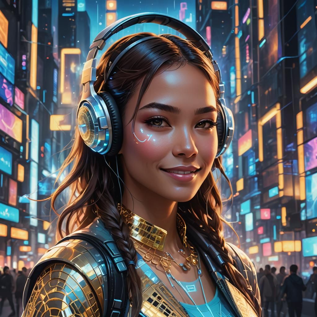 Modern Girl Portrait in Neon Holographic Style