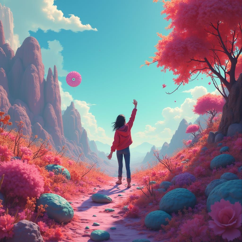 Surreal Waving Person in Dreamlike Landscape