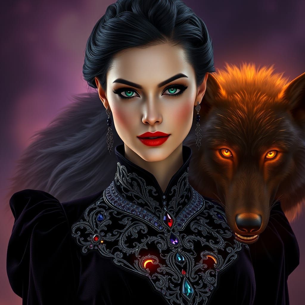 Elegant Woman with Black Wolf in Dark Fantasy Setting