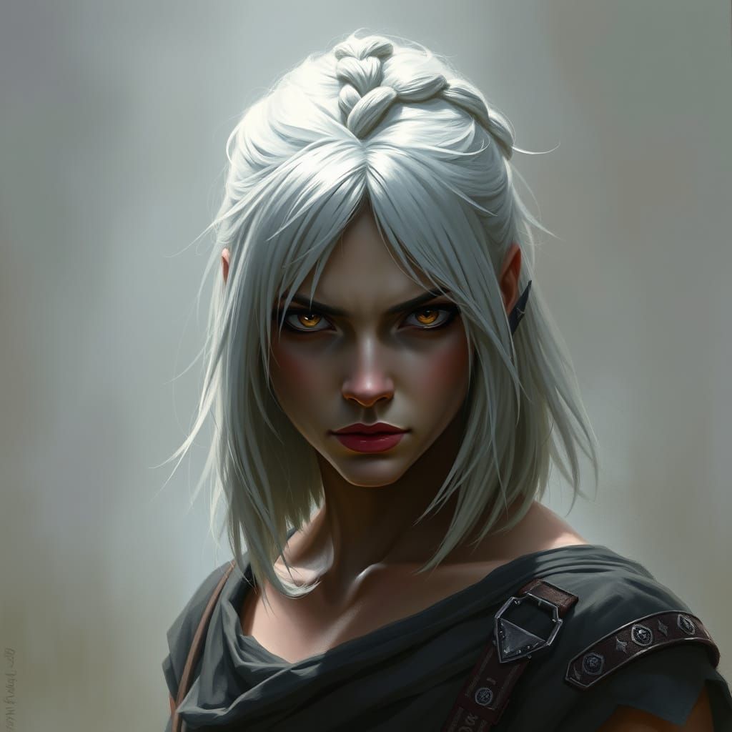 Fierce White-Haired Woman in Dark Fantasy Style