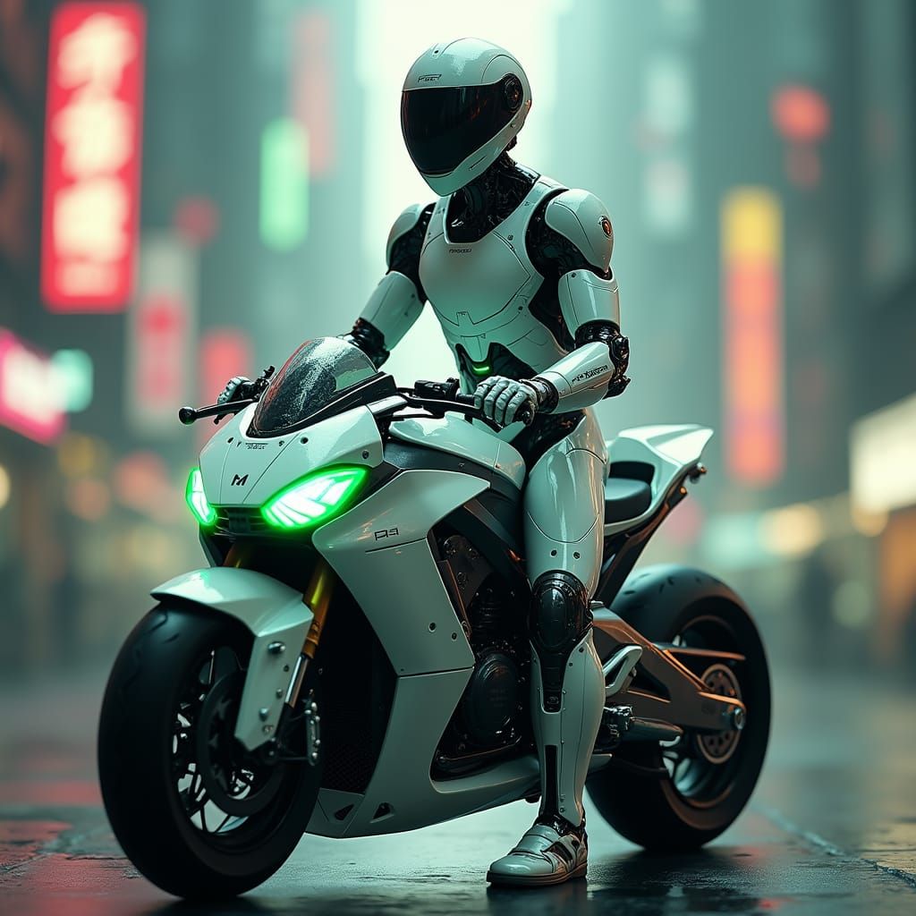 Serene Android Rider on Futuristic Hovercycle