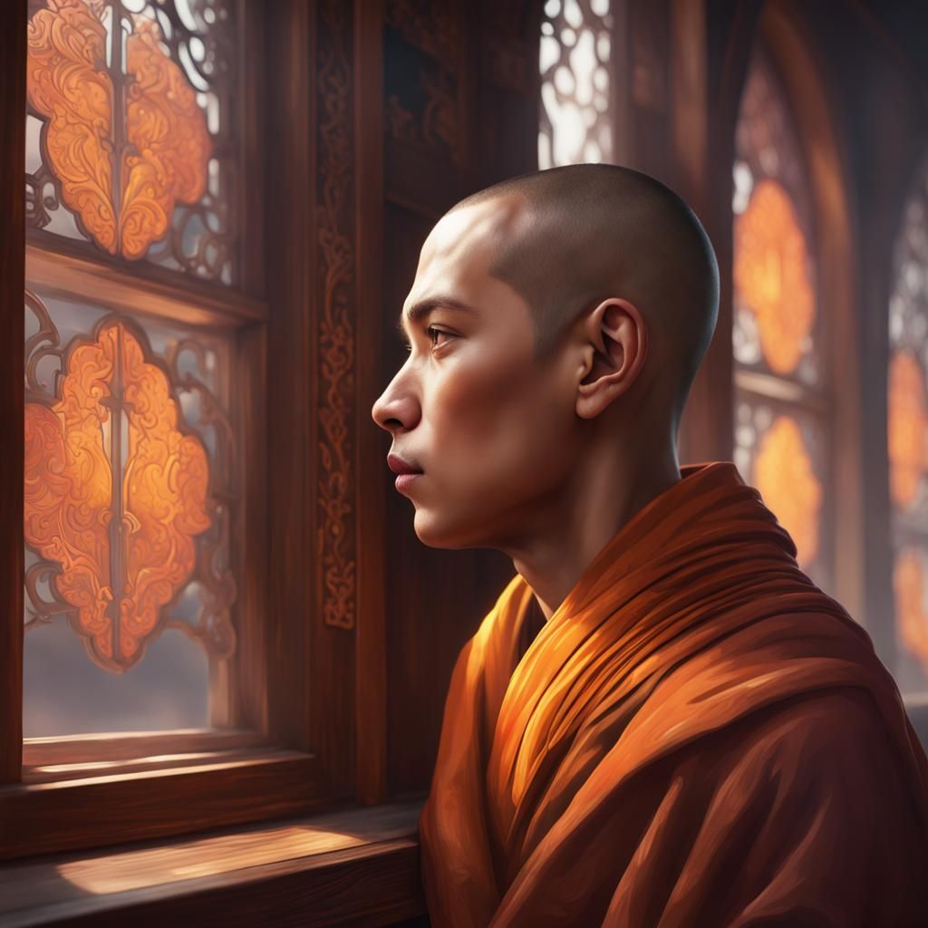 Young Monk Gazing: Hyperdetailed Portrait in Digital Art Sty...