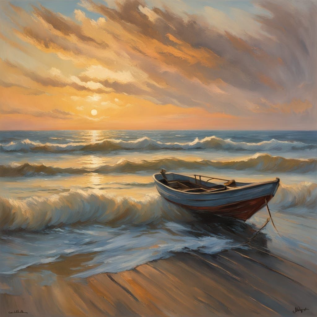 Impressionist Beach Scene with Weathered Fishing Boat