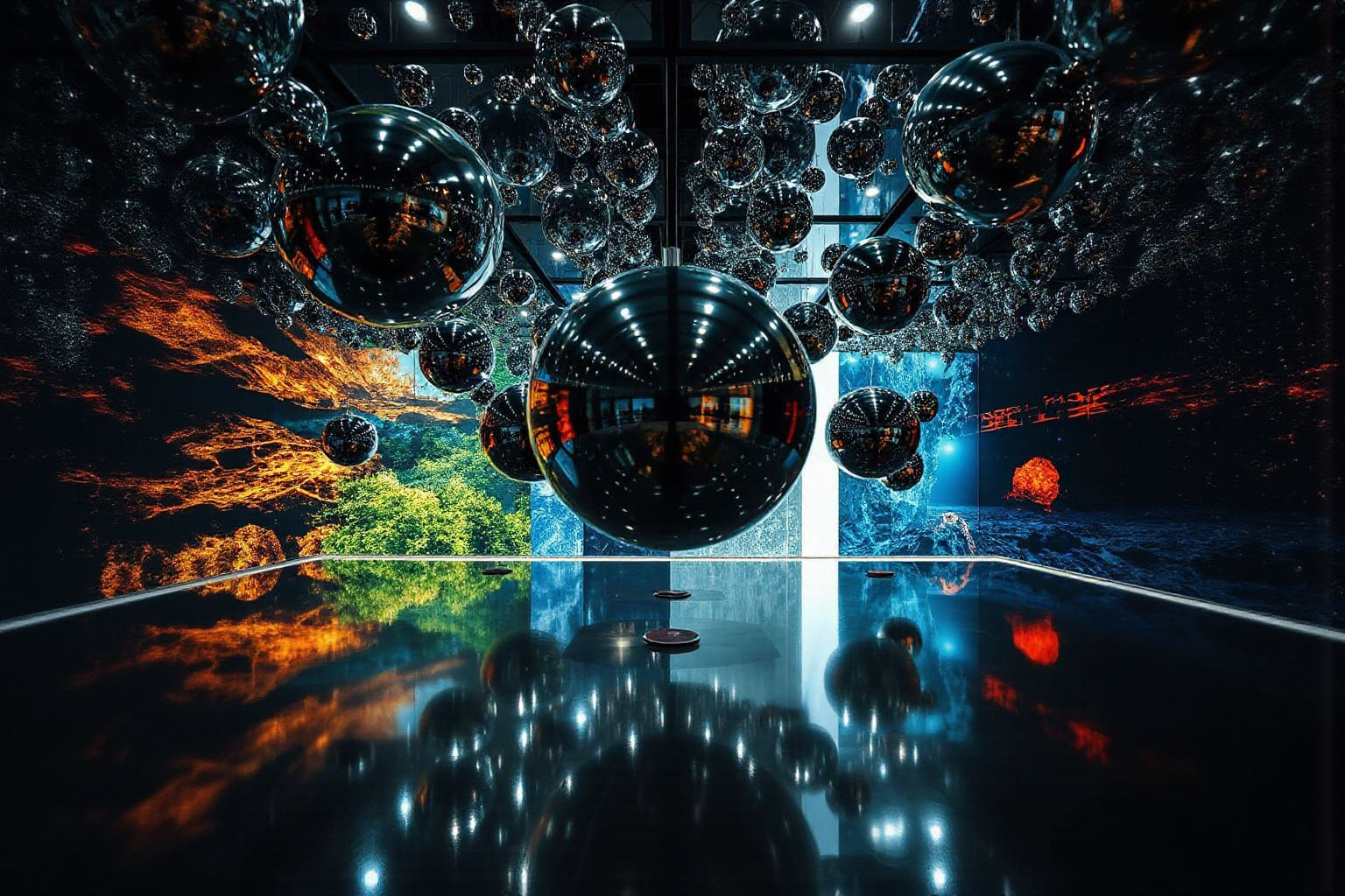 Abstract Futurist Chrome Orbs in Immersive Reflected Light