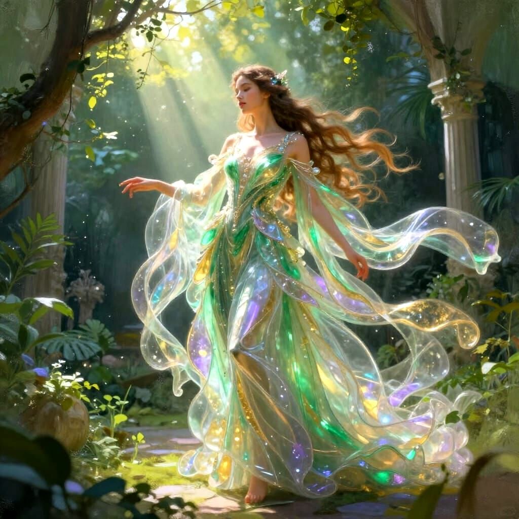 Glass Goddess in Lush Atrium with Pastel Garden