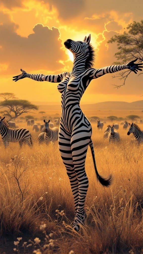 Serene Zebra-Humanoid in Sunset Savanna