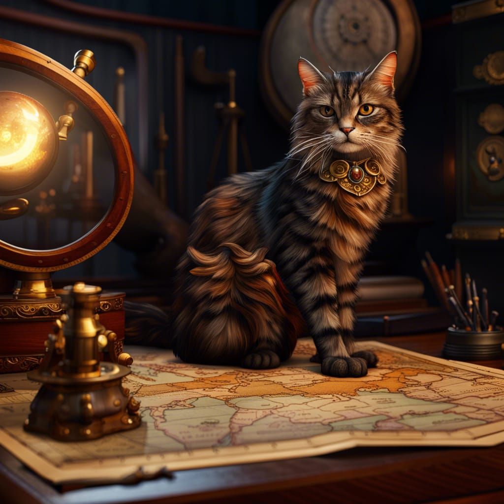 Tortoiseshell Cat on Ship Map in Hyperrealism