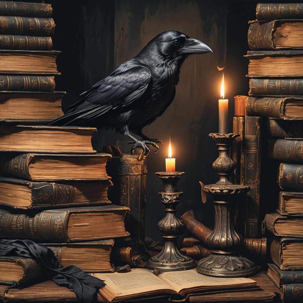 Raven in Old Study: Rembrandt-Inspired Concept Art