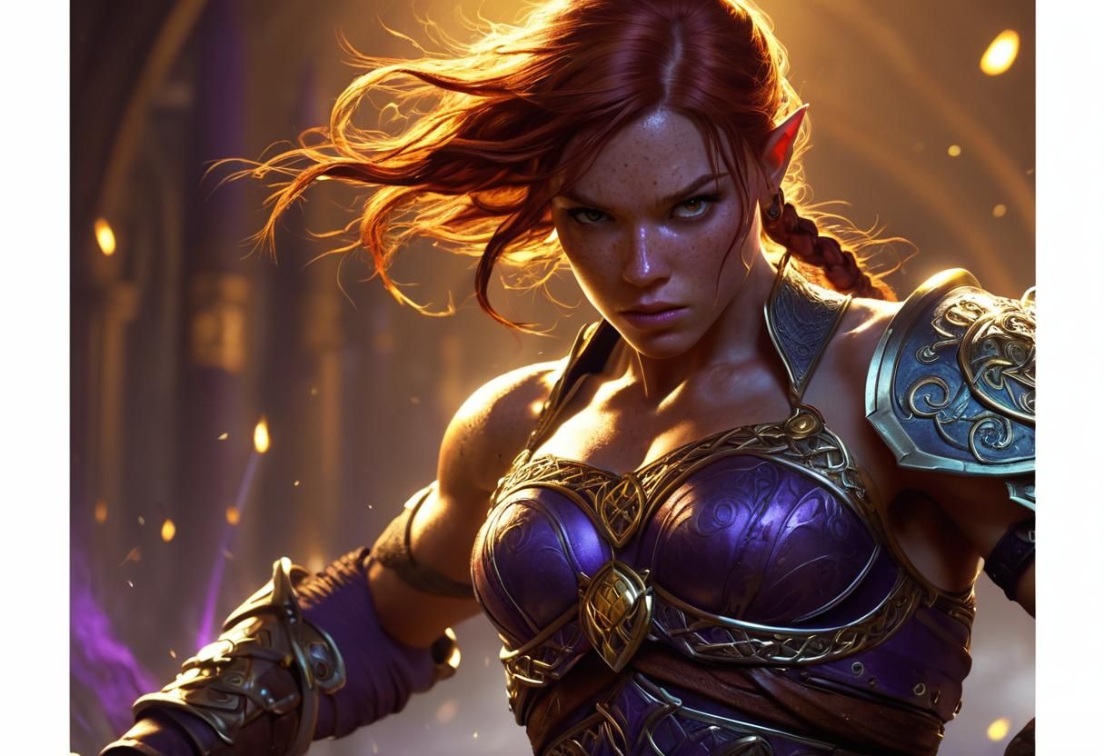 Warrior Girl Battles Demon in Art Nouveau Style