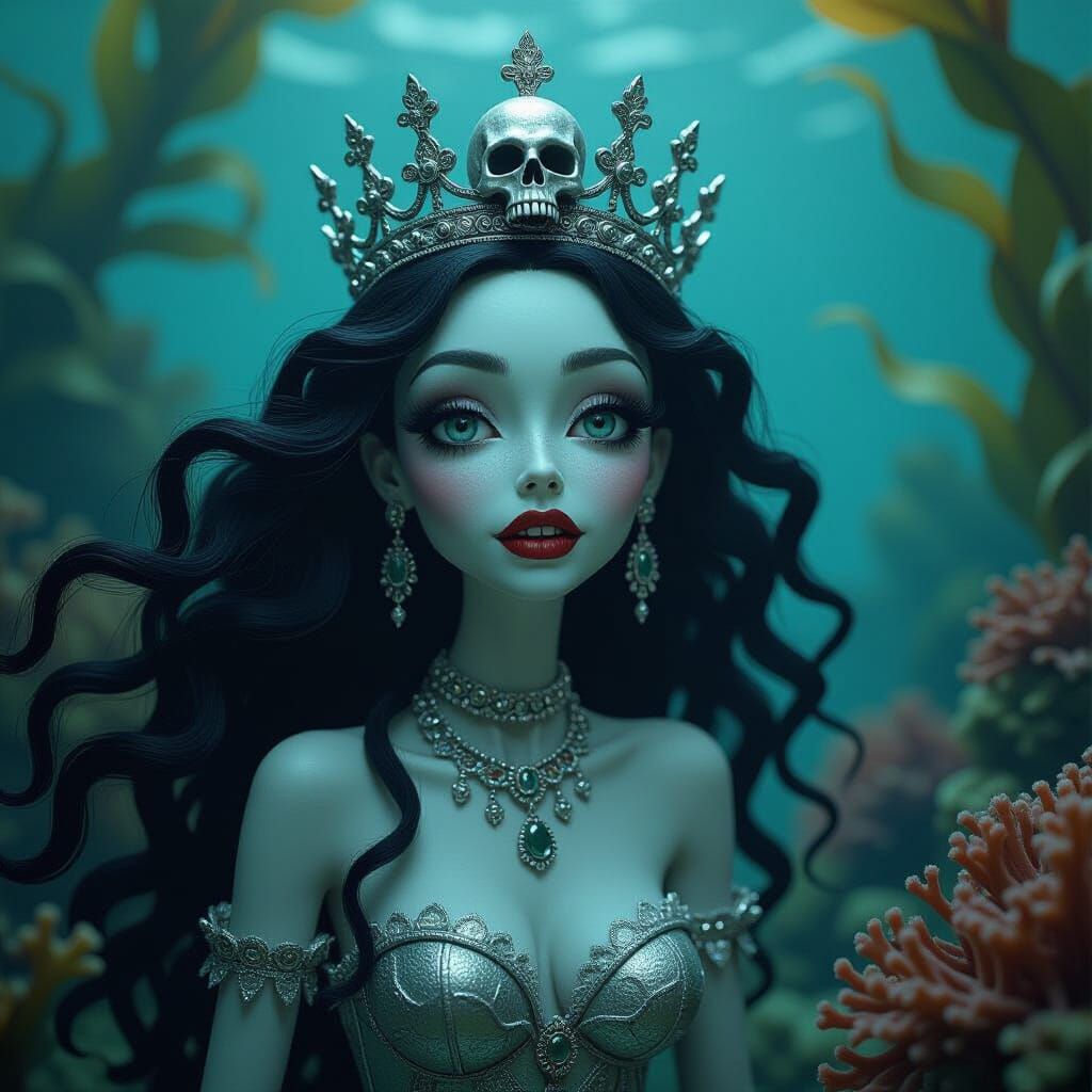 Gothic Mermaid in Underwater Forest, Tim Burton Style