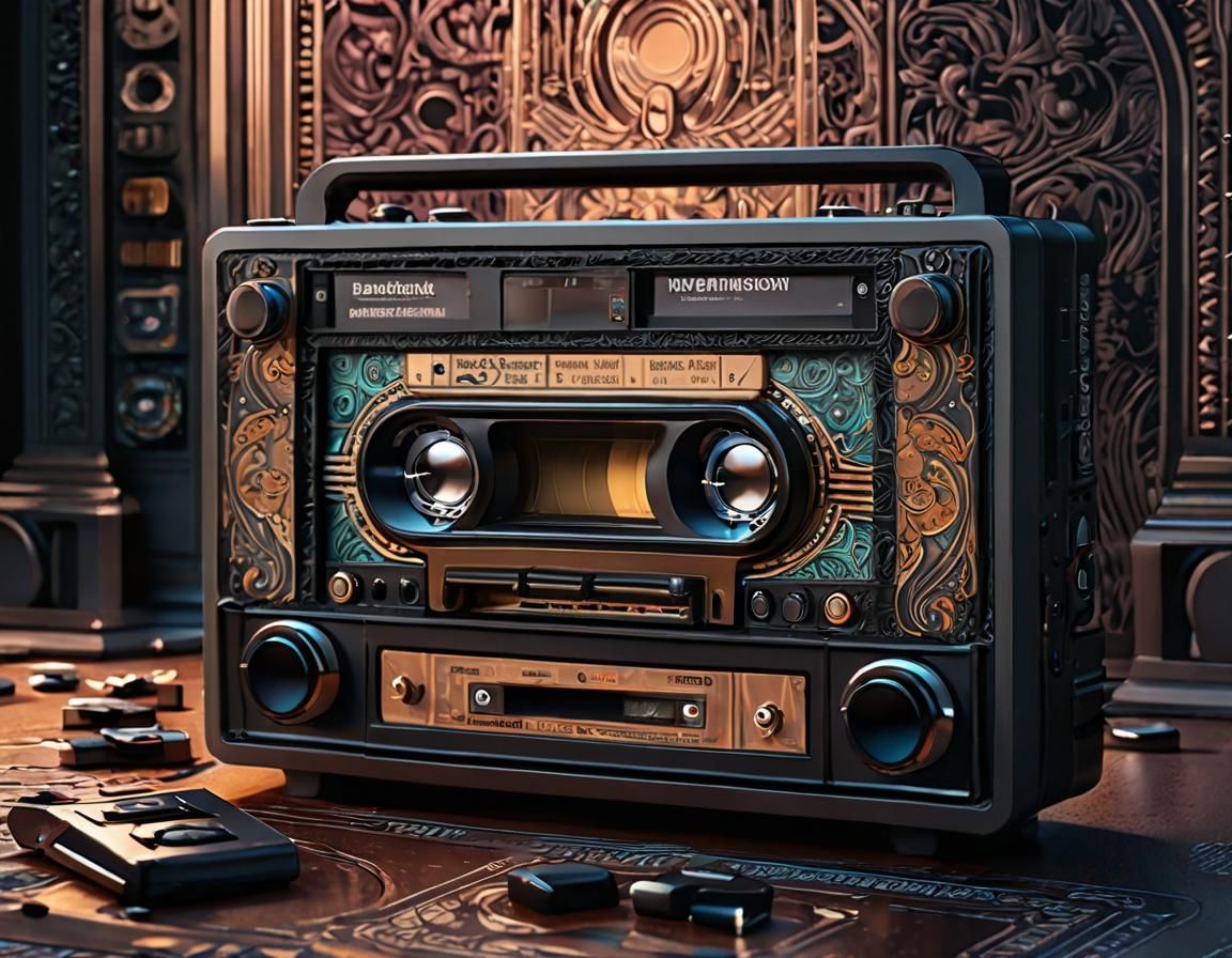 Futuristic Cassette Player in Hyperrealistic Digital Art
