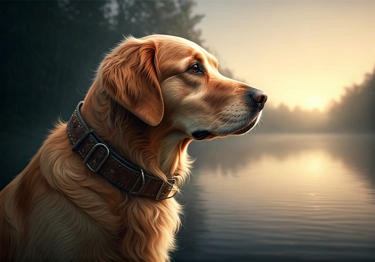 Golden Retriever Beside Lake as Oil Painting