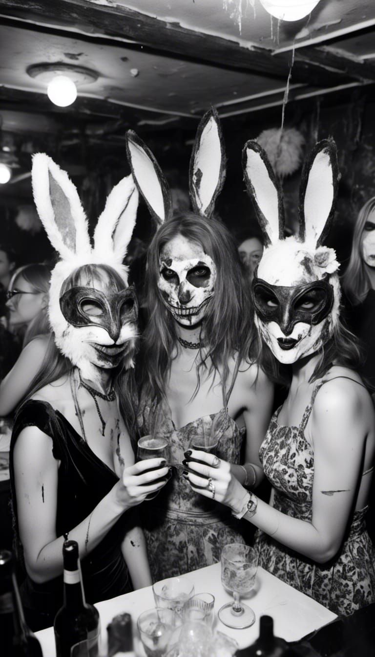 Macabre Club Scene with Rabbit Masked Women