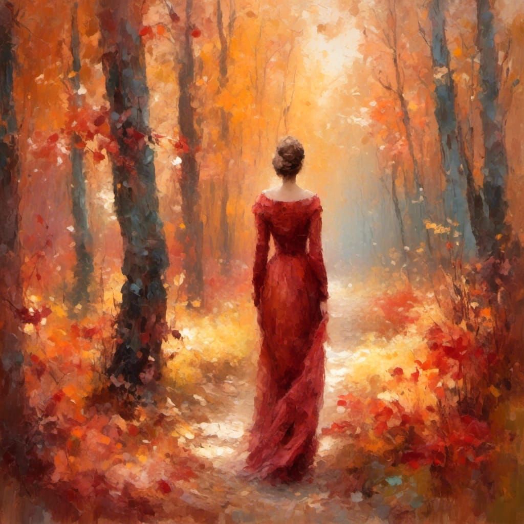 Woman in Autumn Forest: Impressionist Digital Art