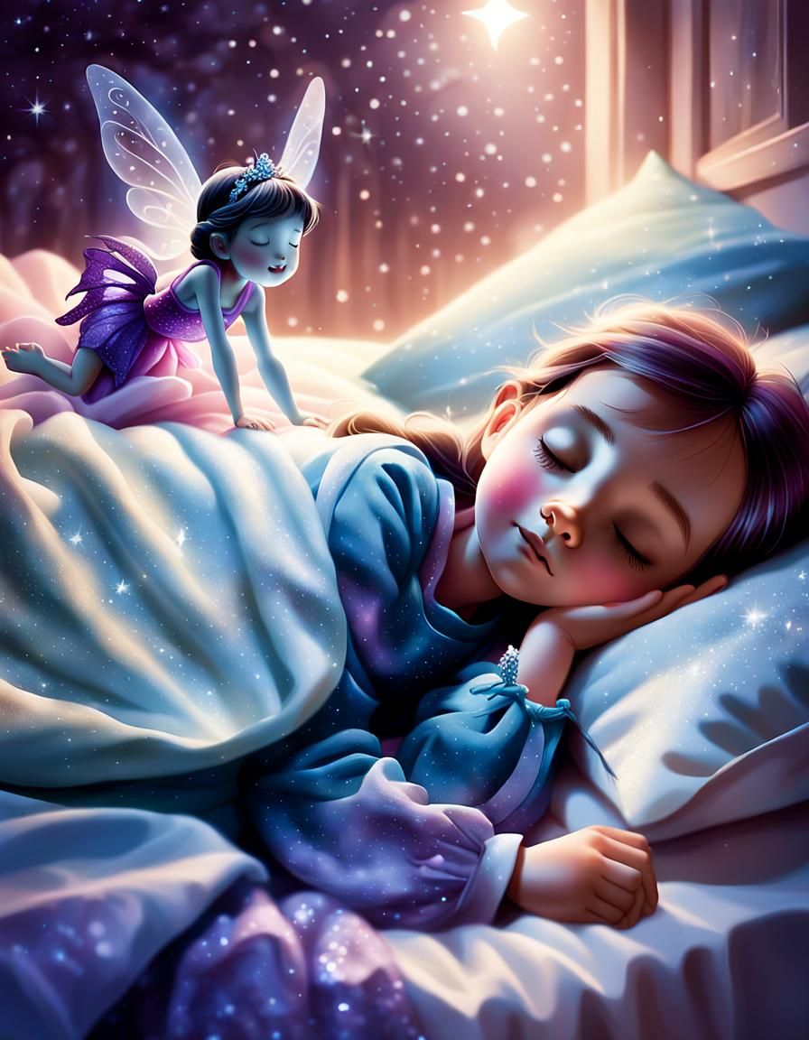 A child sleeping in bed at night as the tooth fairy is gentl...