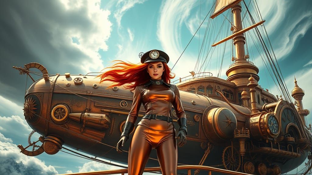 Steampunk Airship Adventure with Redheaded Pilot