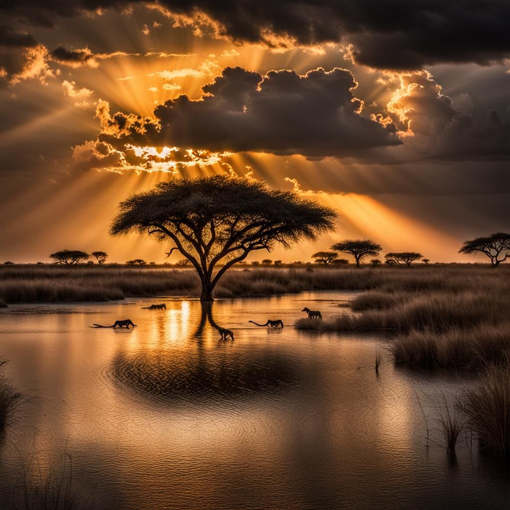Black Panther in Savanna Thunderstorm at Sunset
