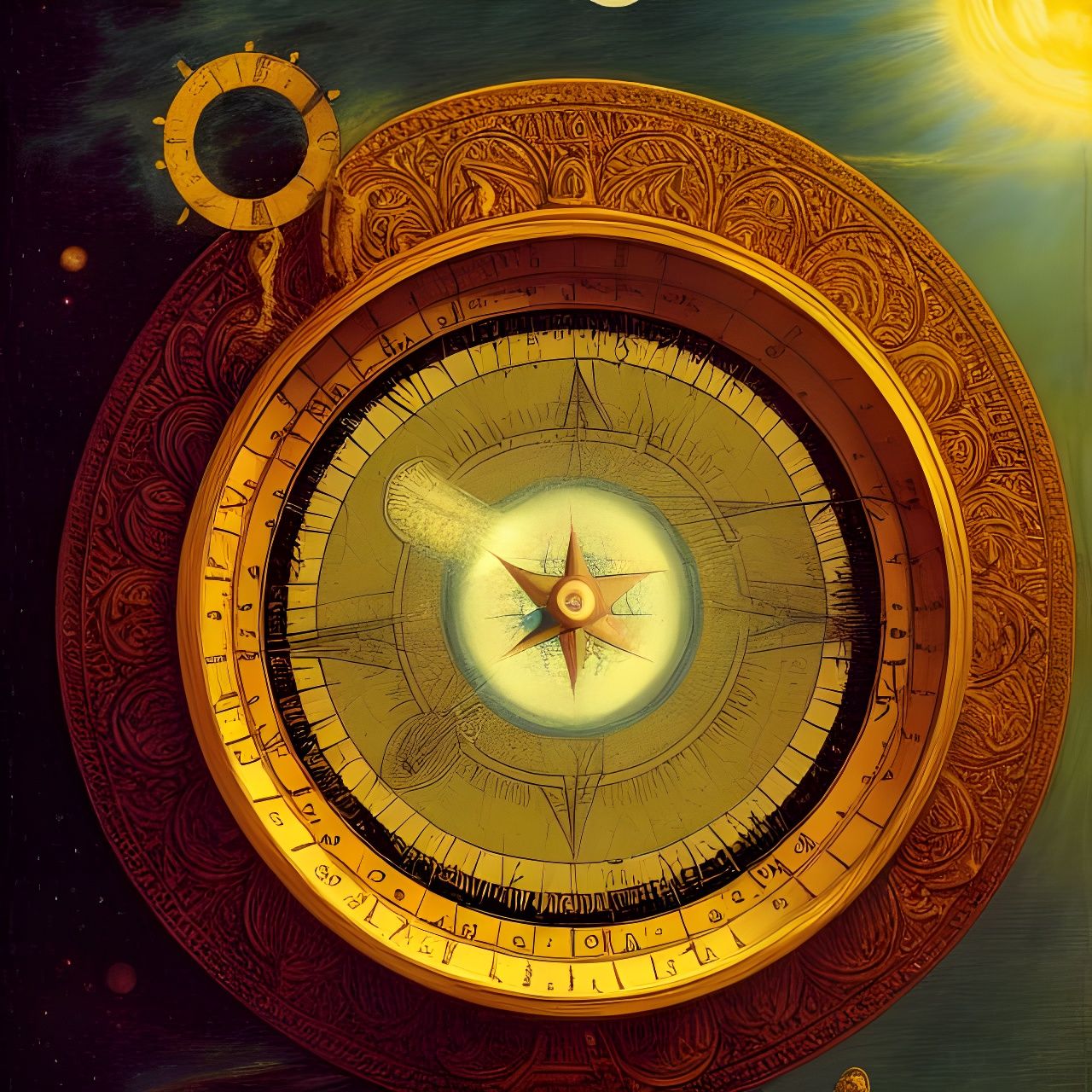 Detailed Celestial Compass: Surreal Digital Illustration