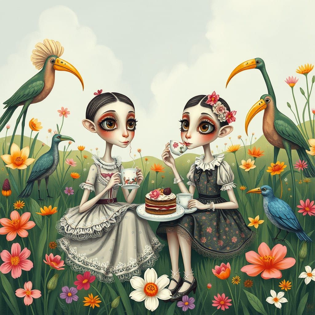 Whimsical Girls Enjoy Tea and Cake in a Fantastical Meadow