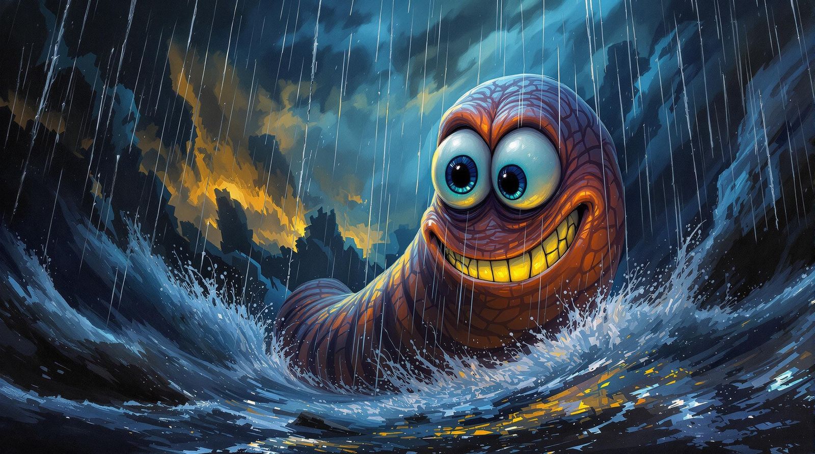 Hyper Realistic Oil Painting of Happy Worm in Storm