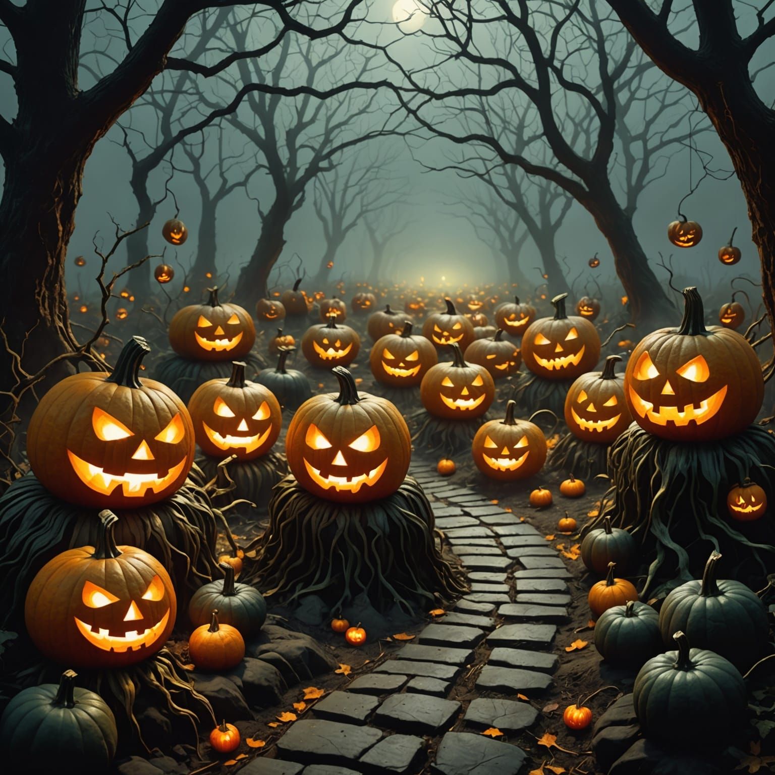 Army of Rooted Jack-o'-Lanterns on Misty Path