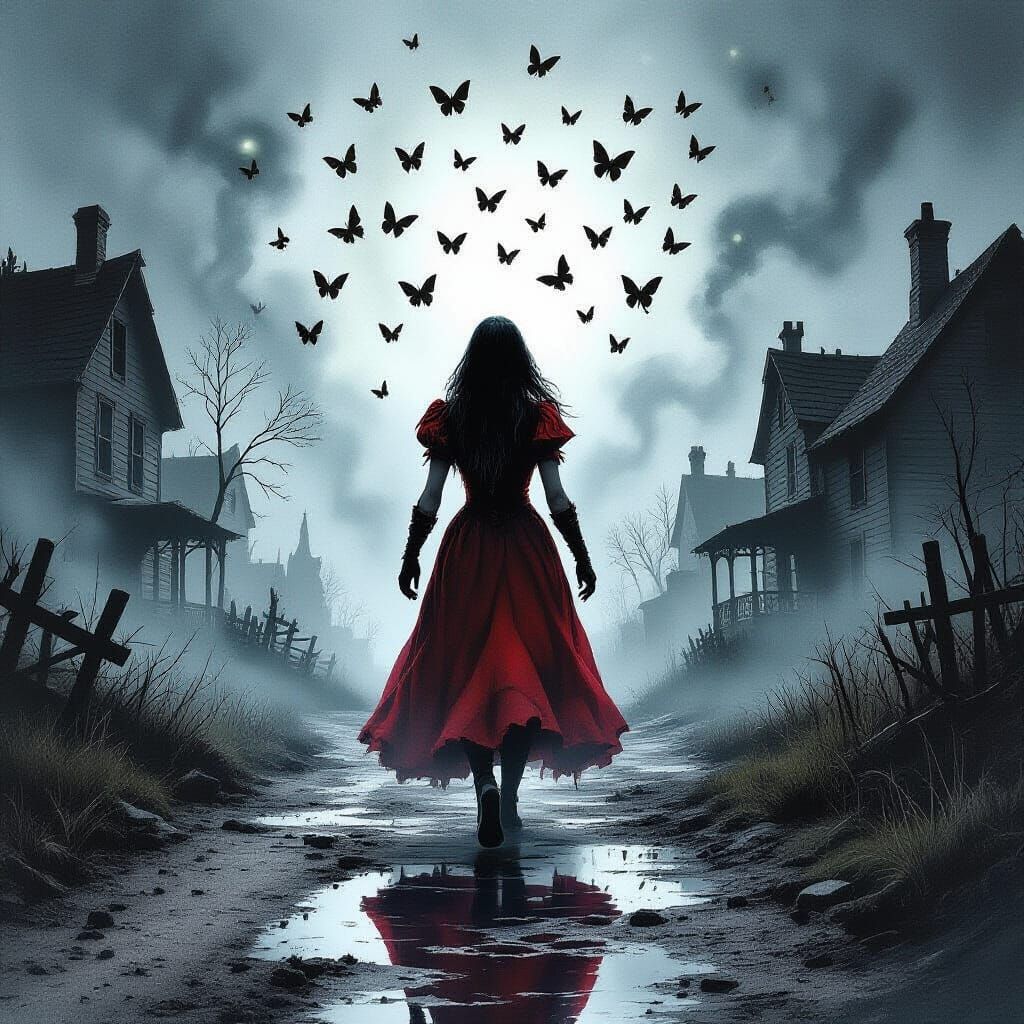 Orc in Red Dress in Ruined Village with Butterflies