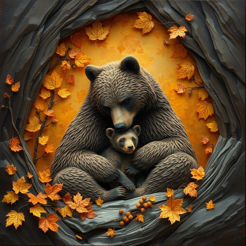 Bear and Cub Cuddling: 3D Paper Collage