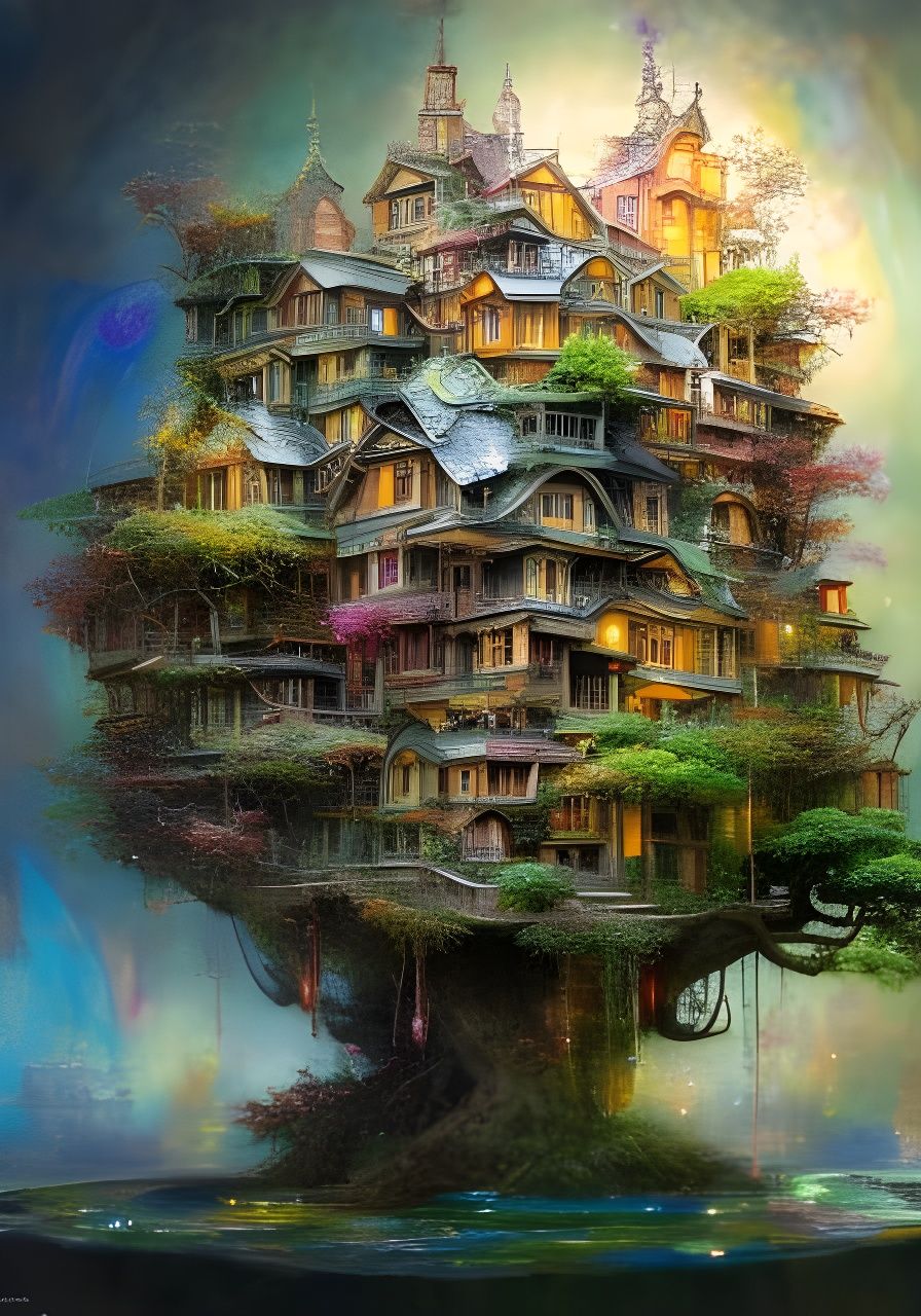 Clockpunk Crystal Bonsai Village Digital Painting