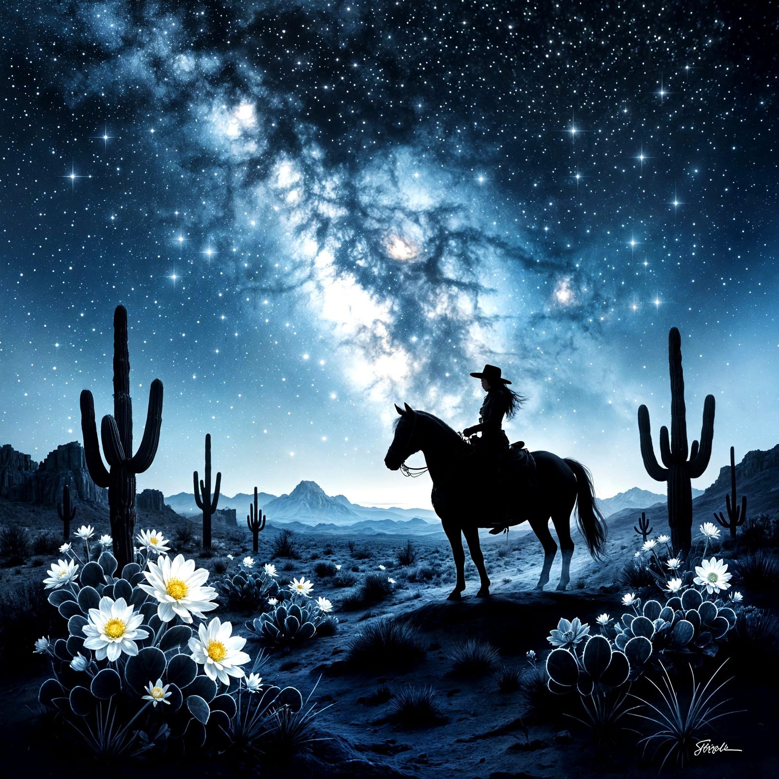 Cowgirl Rides Constellation Horse Under Starry Desert Sky