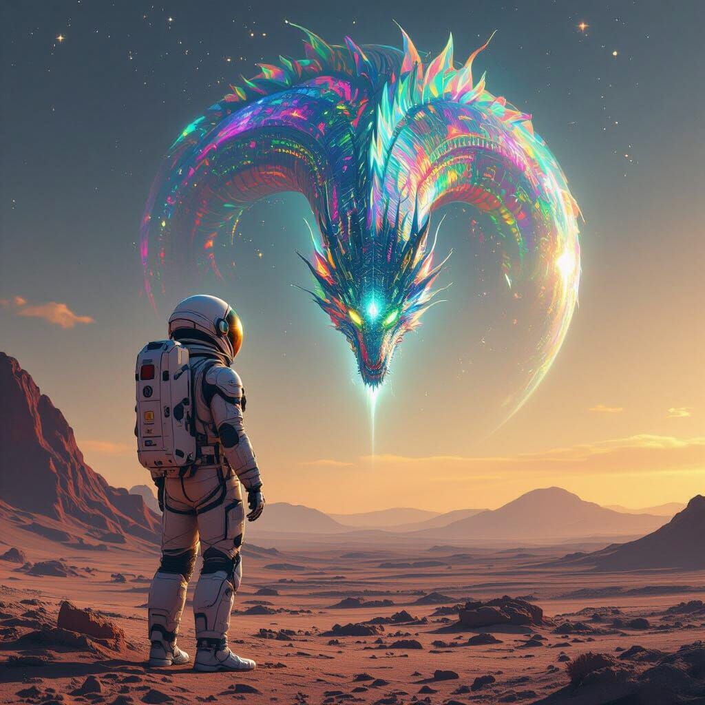 Astronaut Gazing at Bioluminescent Dragon in Sci-Fi Style