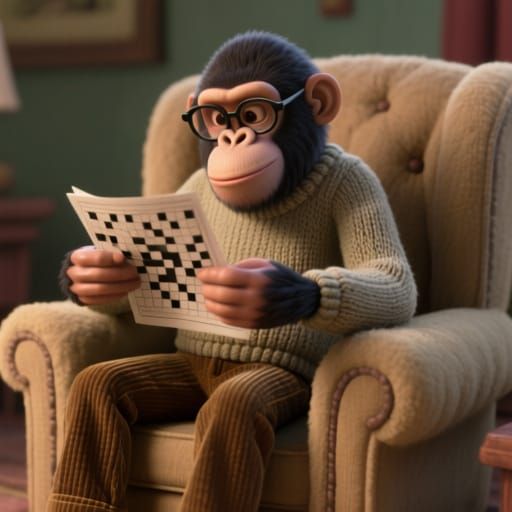 Monkey Doing Crossword in Armchair, 3D Cartoon Style