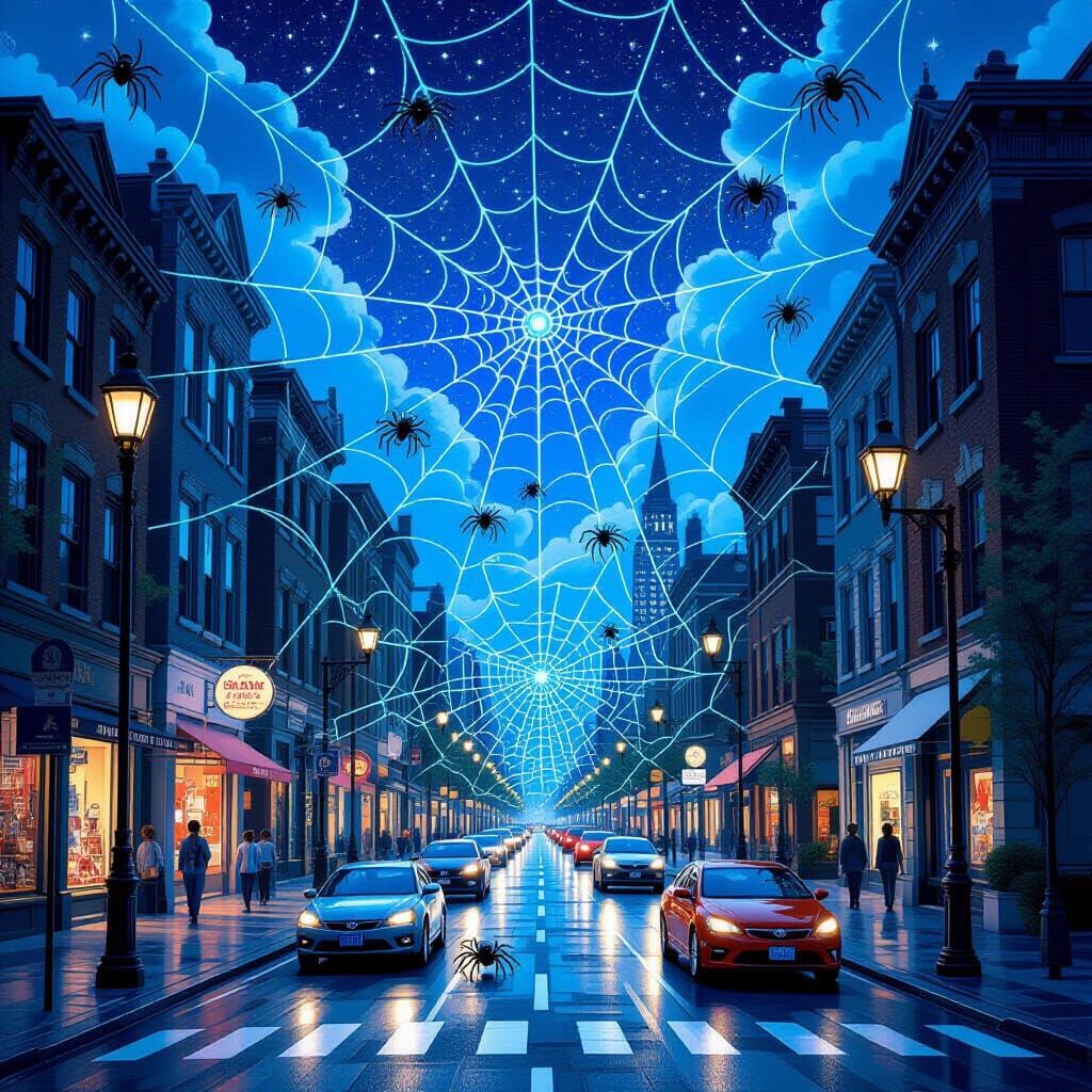 Surreal City Street Woven from Iridescent Spider Silk